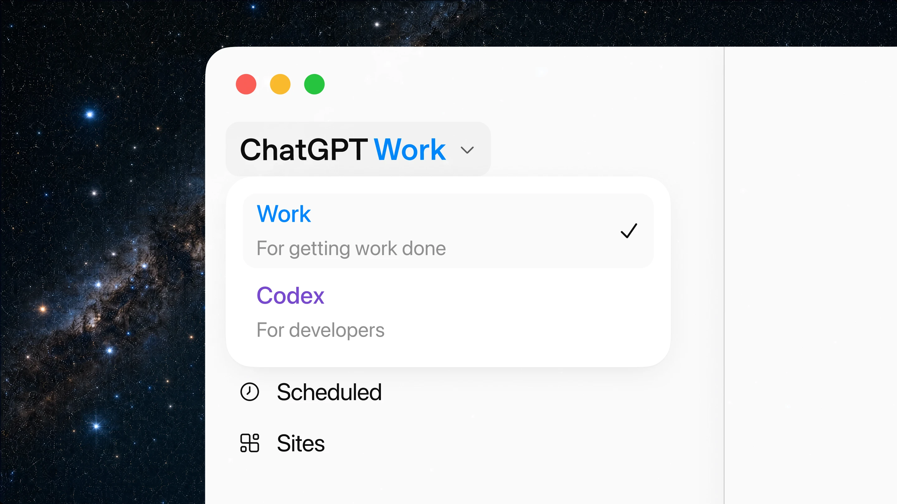 ChatGPT Work — the desktop mode picker.
