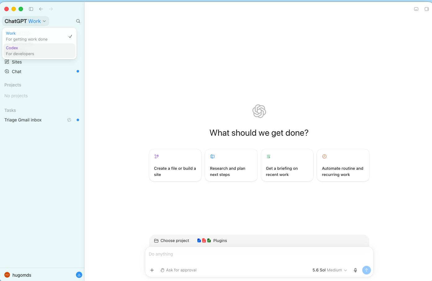 ChatGPT homepage with the Work / Codex mode switcher.