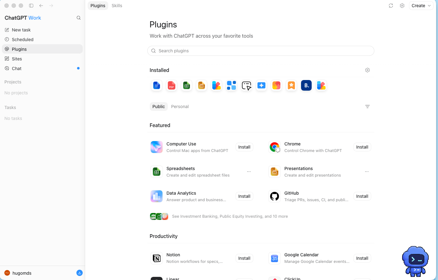 The ChatGPT plugins section.