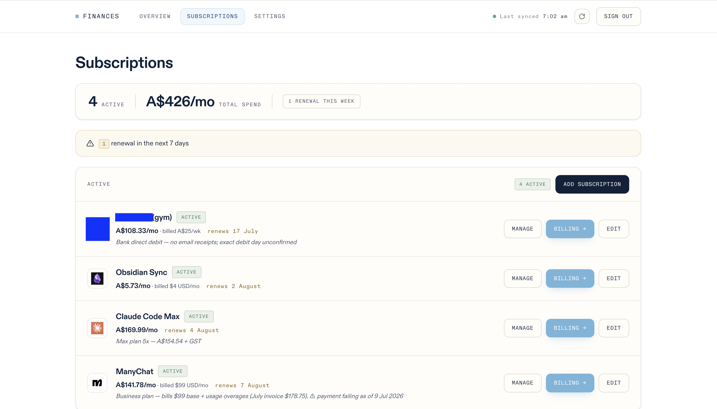 The subscriptions view with one-click cancel buttons.