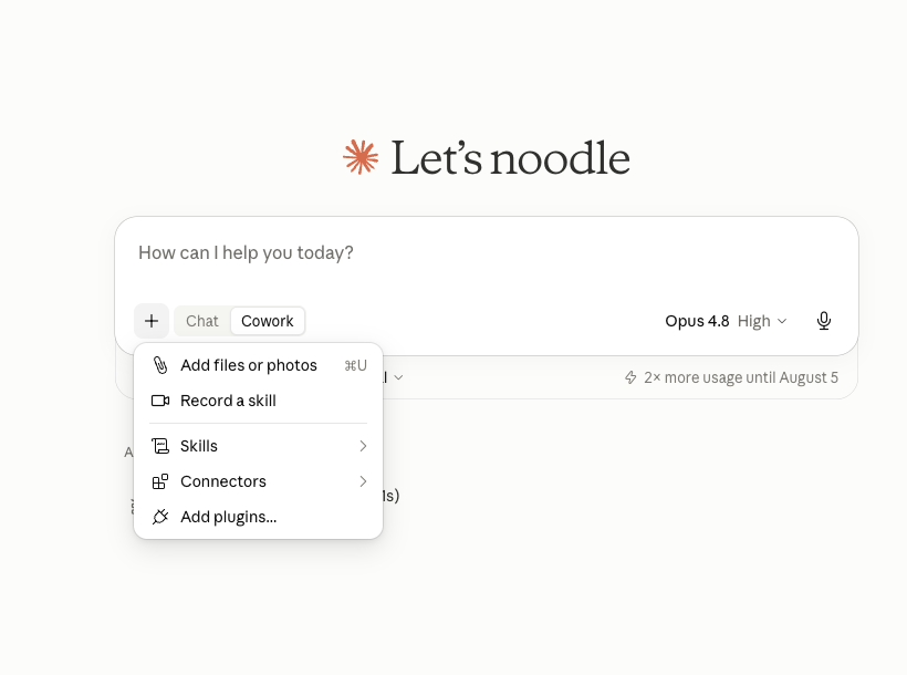 The Claude desktop app with Cowork switched on and Record a skill in the + menu.