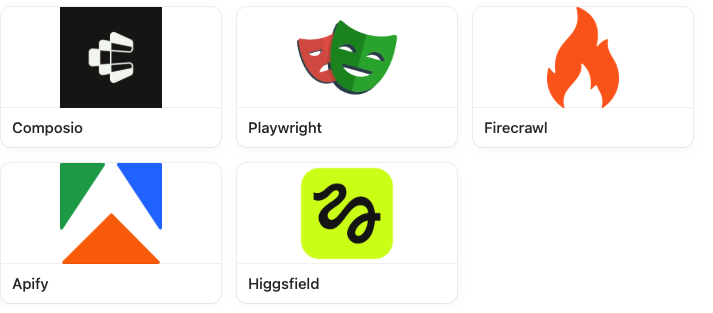 The five MCPs: Composio, Playwright, Firecrawl, Apify and Higgsfield.
