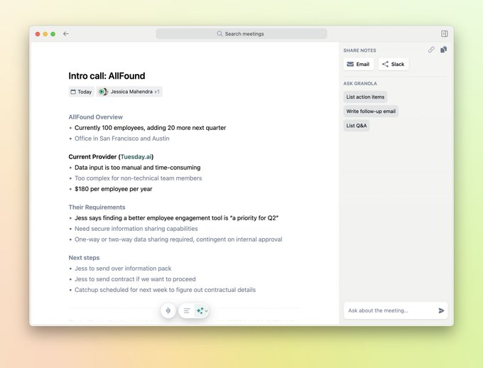 Granola's notes screen: an intro call transcribed into structured summary notes.