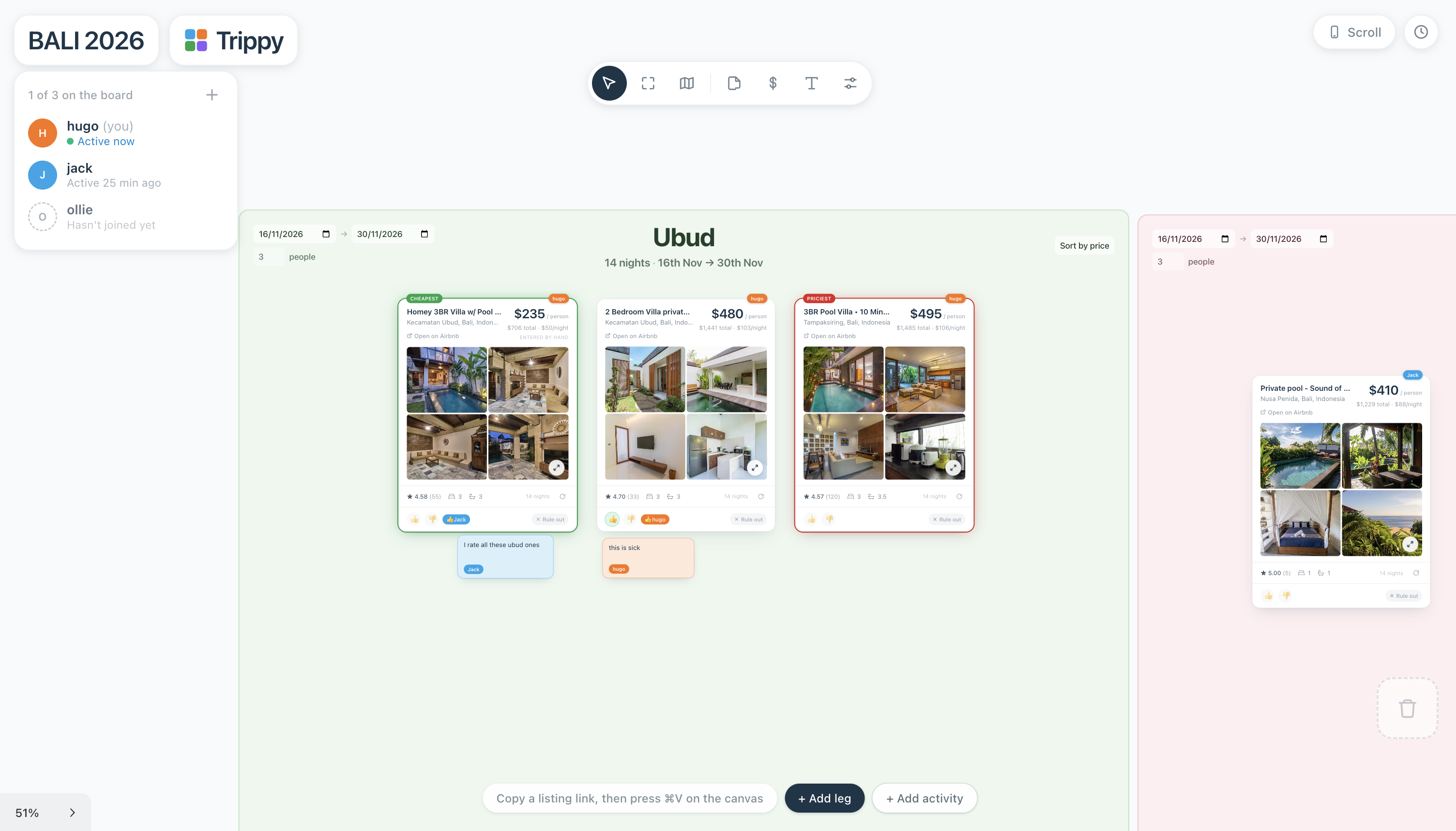 The Trippy board: Ubud villa cards with per-person prices, votes and comments from the group.