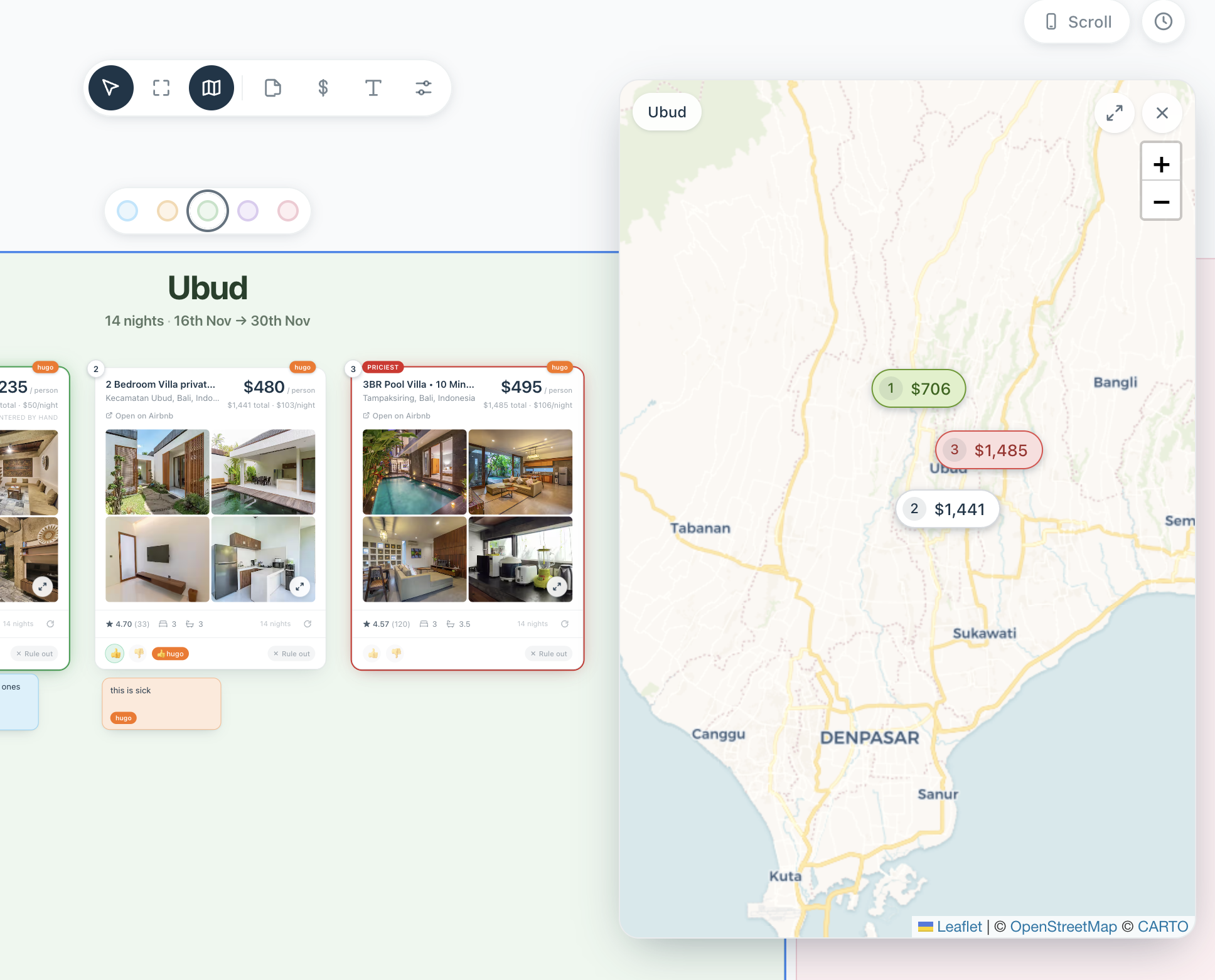 Trippy's map view with every place's total price pinned on a map of Bali.