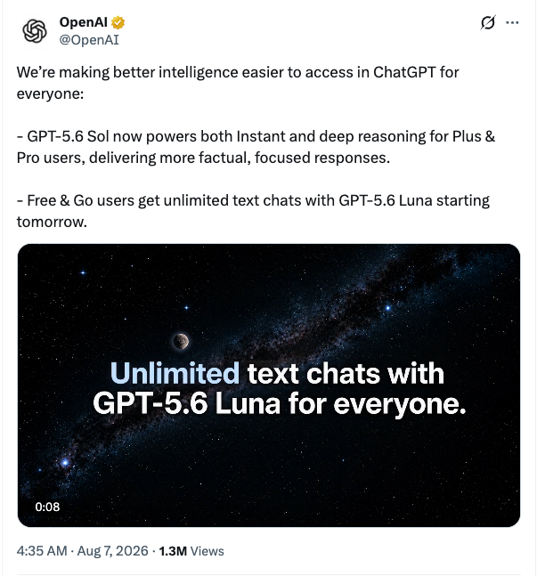 OpenAI's announcement post on X: unlimited GPT-5.6 Luna text chats for Free and Go users.