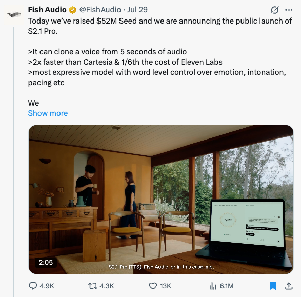 Fish Audio's S2.1 Pro announcement post on X.