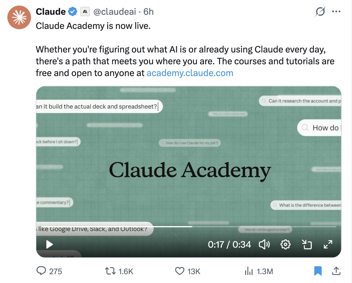 The Claude Academy announcement post on X.
