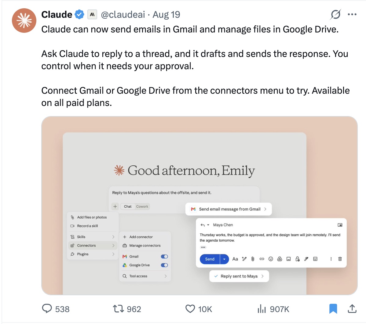 Anthropic's post announcing Gmail send, reply and forward in Claude.