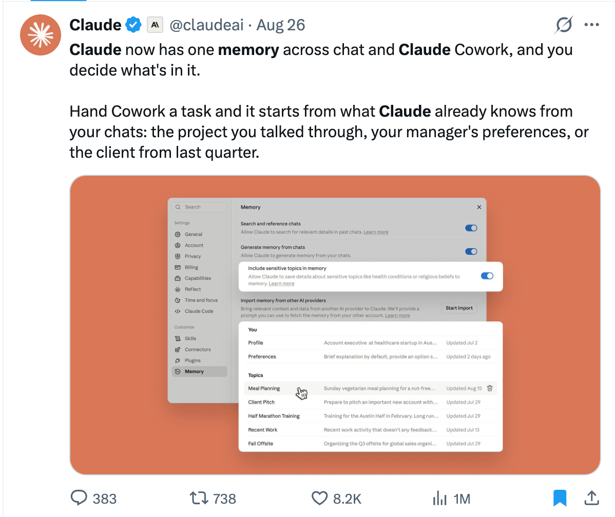 Anthropic's post announcing that Claude's memory now works everywhere.
