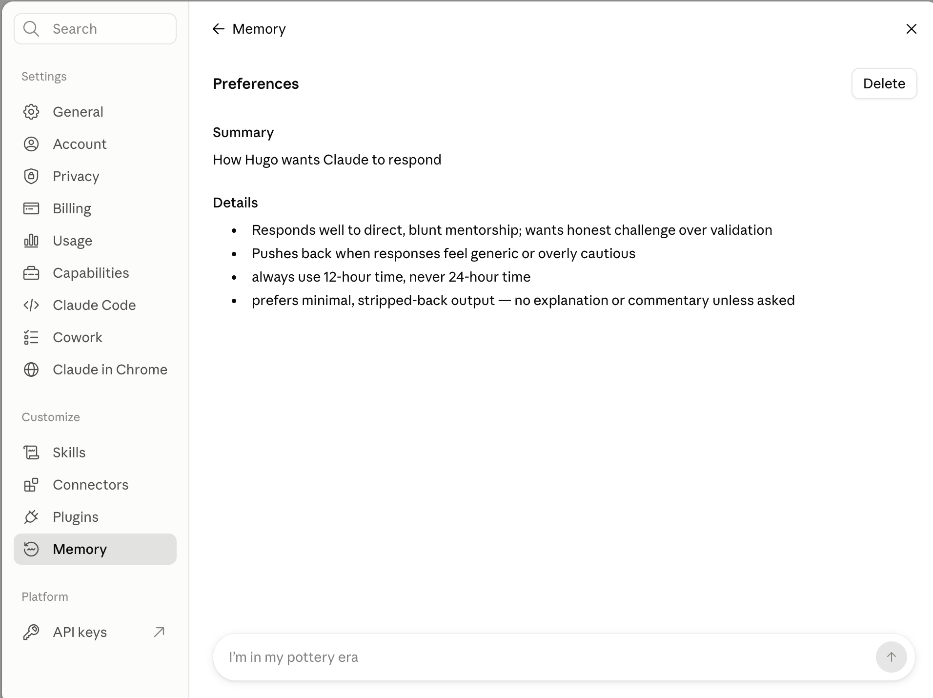 Claude's memory settings showing saved topics.
