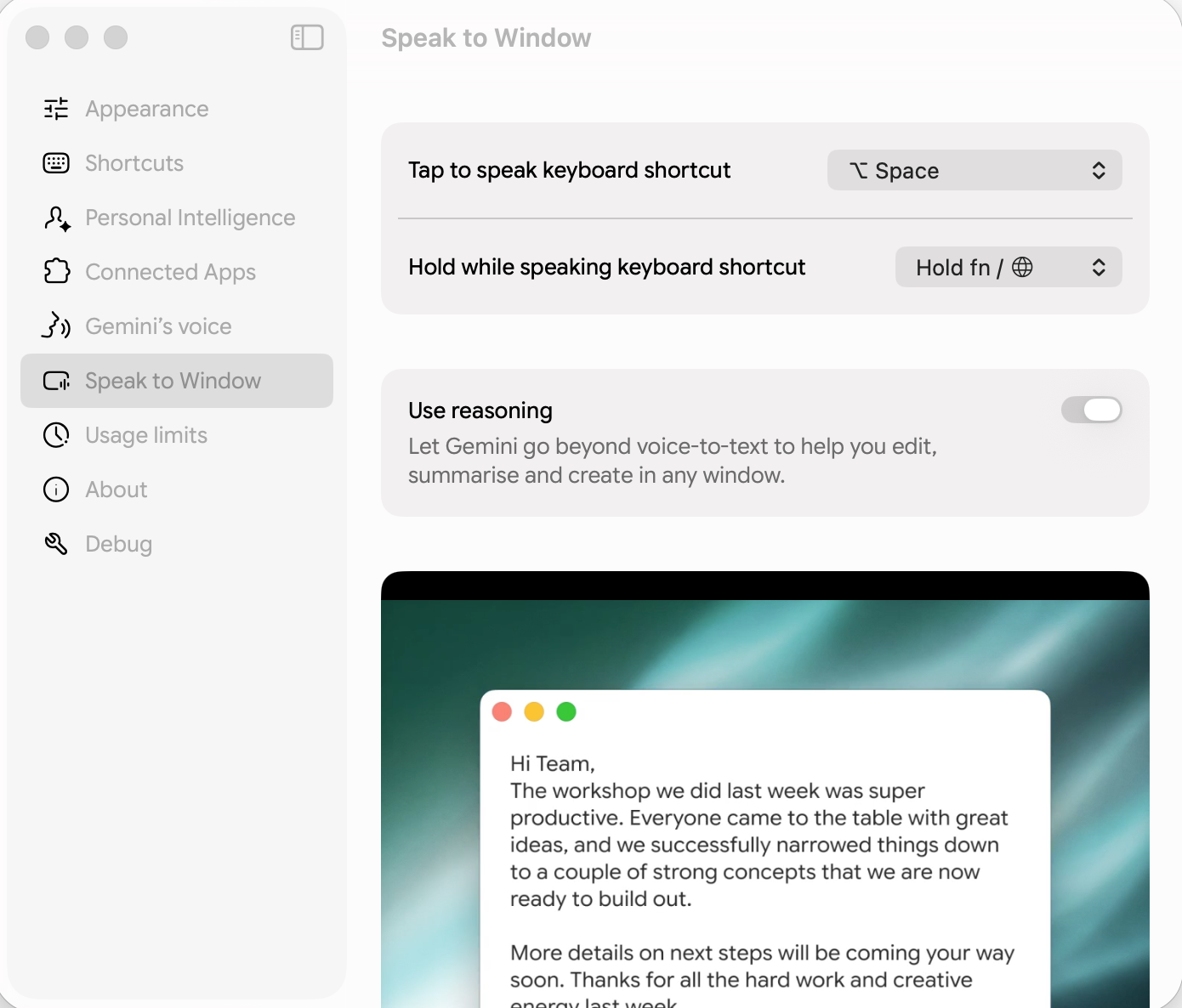 Gemini 3.5 Transcribe settings with the reasoning toggle.