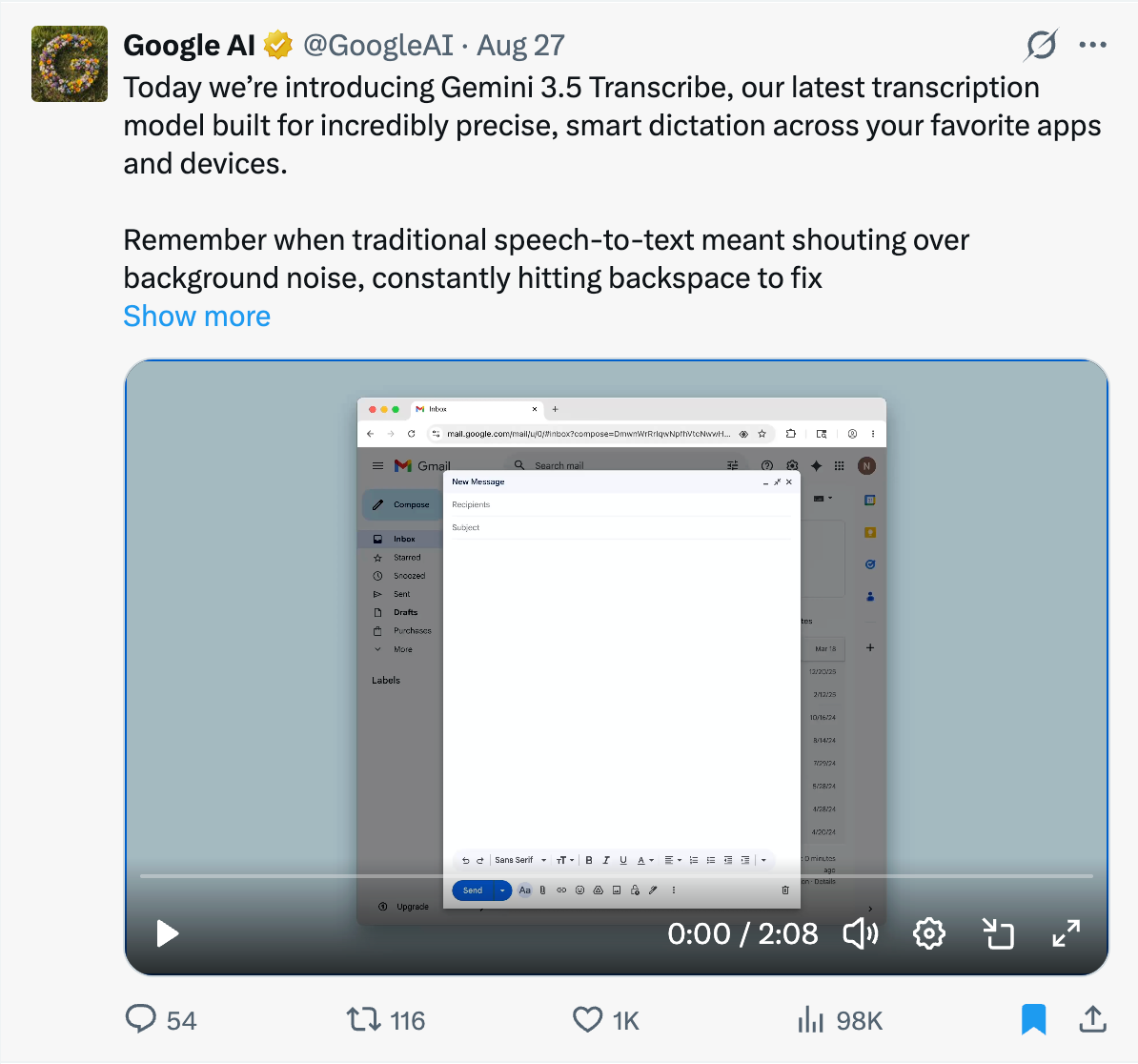 Google AI's post demoing Gemini 3.5 Transcribe.