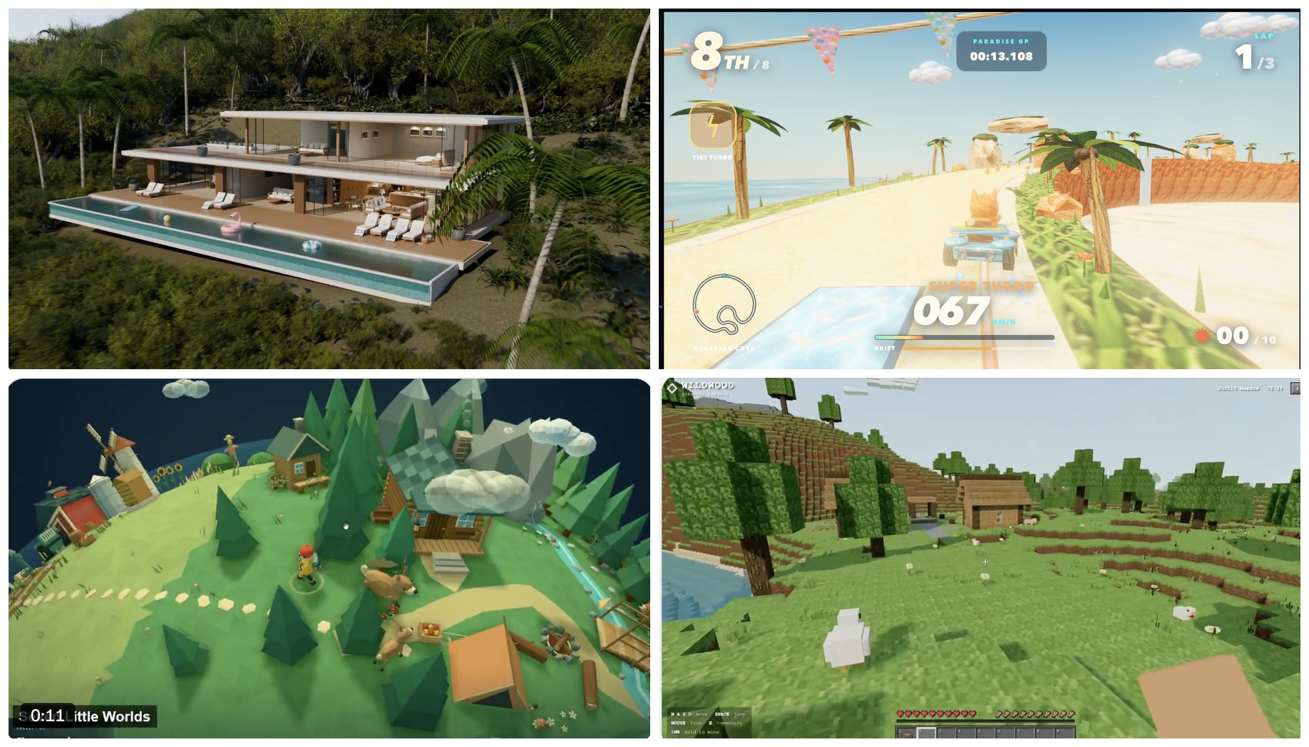 Four things built with GPT-6 Astra: a 3D clifftop house, a kart racing game, a low-poly little world and a voxel landscape.