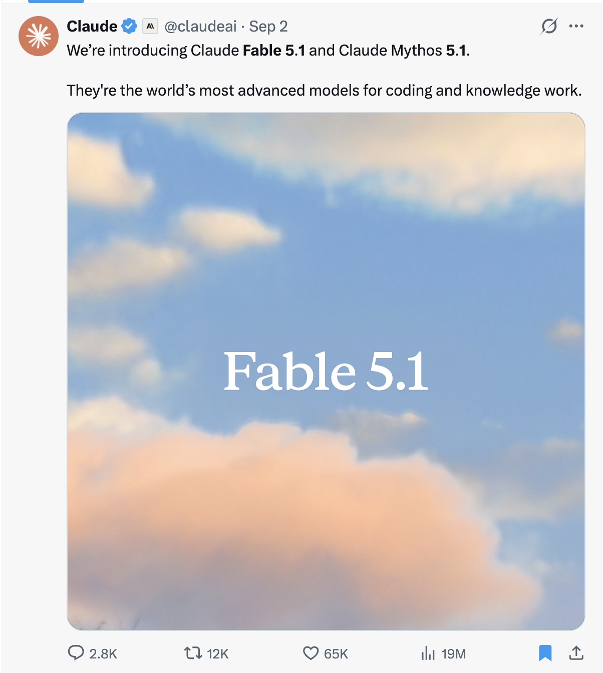 Anthropic's post on X introducing Claude Fable 5.1 and Claude Mythos 5.1.