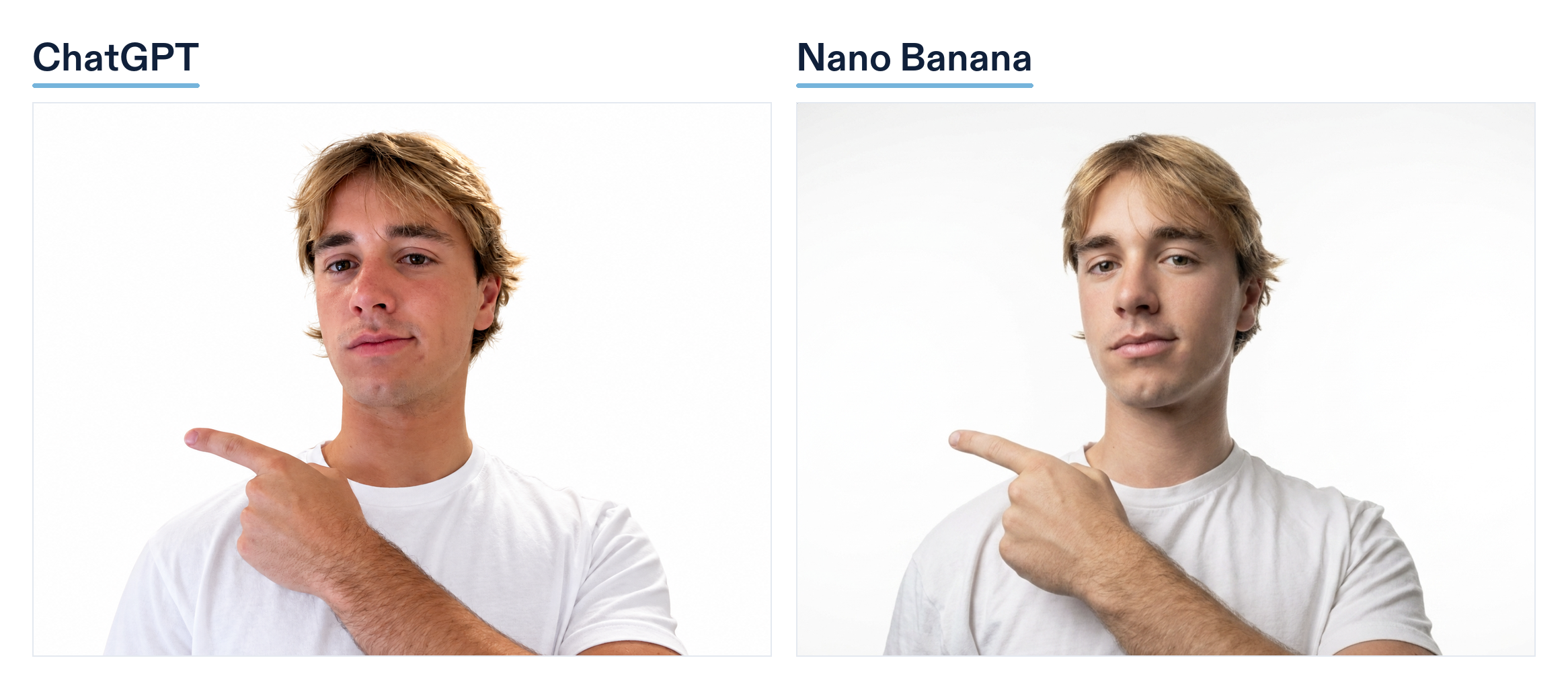 Two AI studio headshots of Hugo side by side, labelled ChatGPT and Nano Banana.
