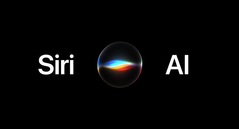Apple's Siri AI artwork: the words Siri and AI either side of a glowing orb on black.