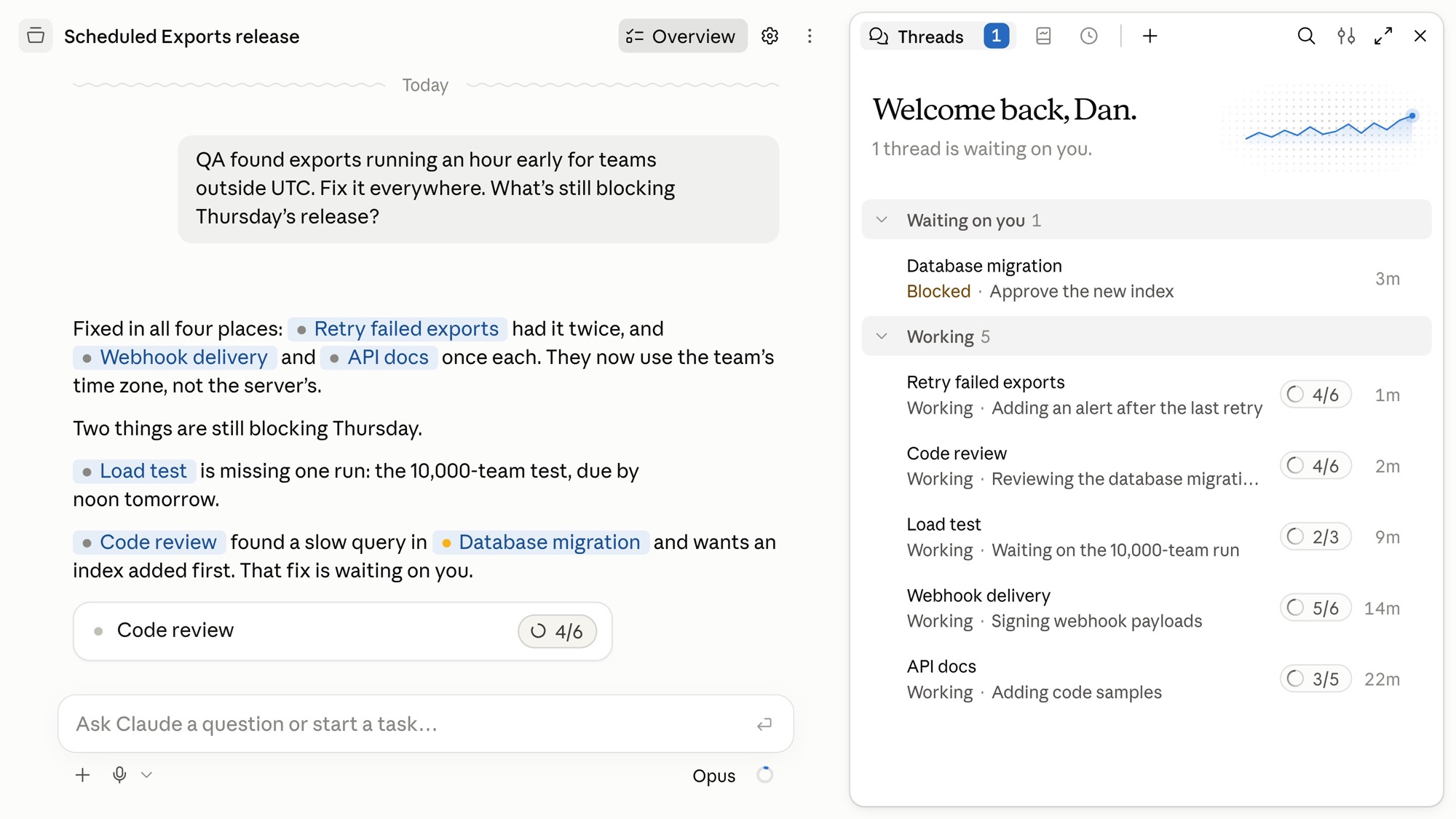 The new Claude Projects screen: a conversation on the left, and a Threads panel on the right showing five threads working at once and one waiting on you.