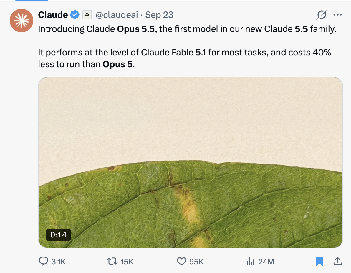 Claude's post on X: "Introducing Claude Opus 5.5, the first model in our new Claude 5.5 family. It performs at the level of Claude Fable 5.1 for most tasks, and costs 40% less to run than Opus 5."