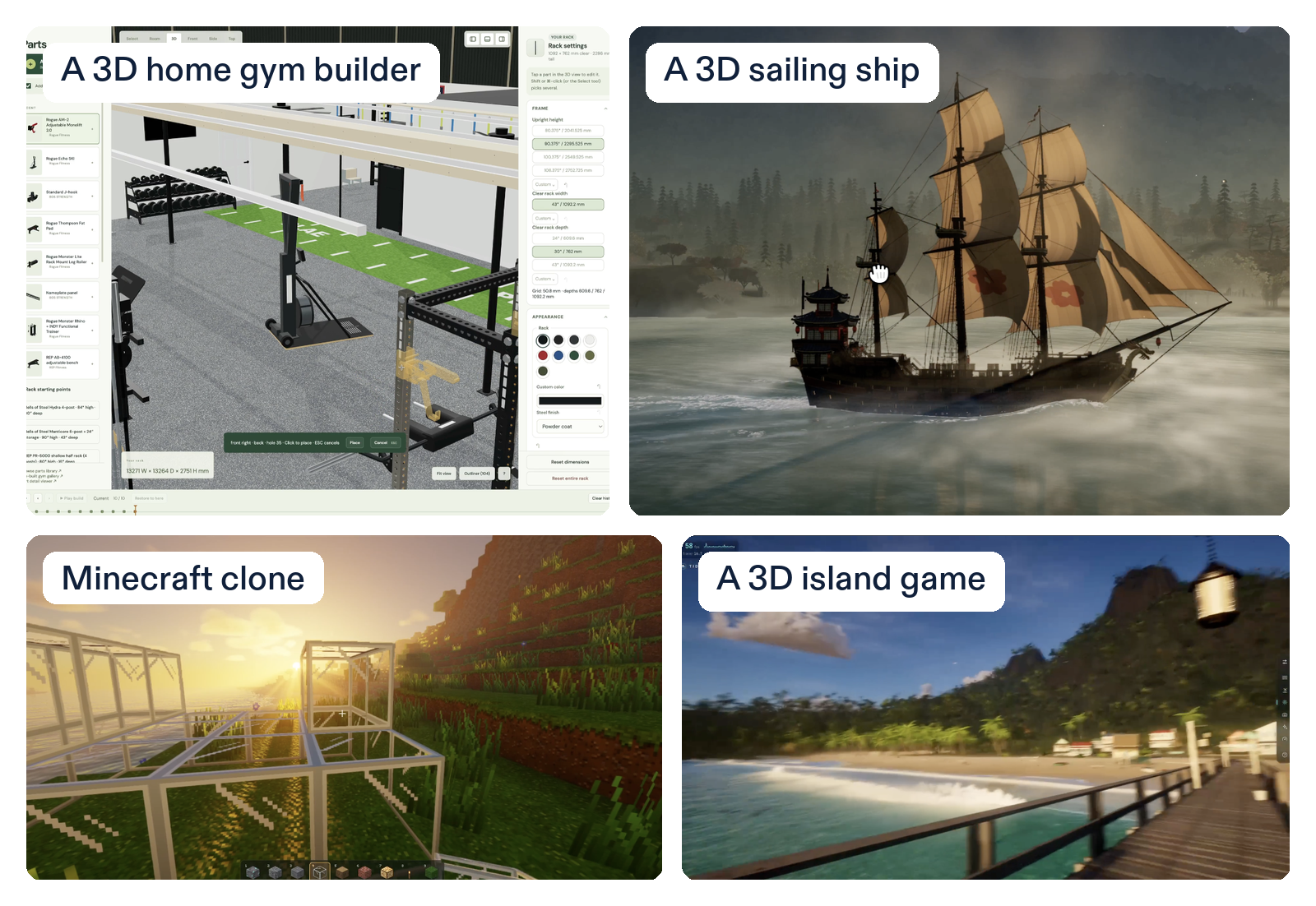 Four things people built with Opus 5.5: a 3D home gym builder, a 3D sailing ship, a Minecraft clone and a 3D island game.