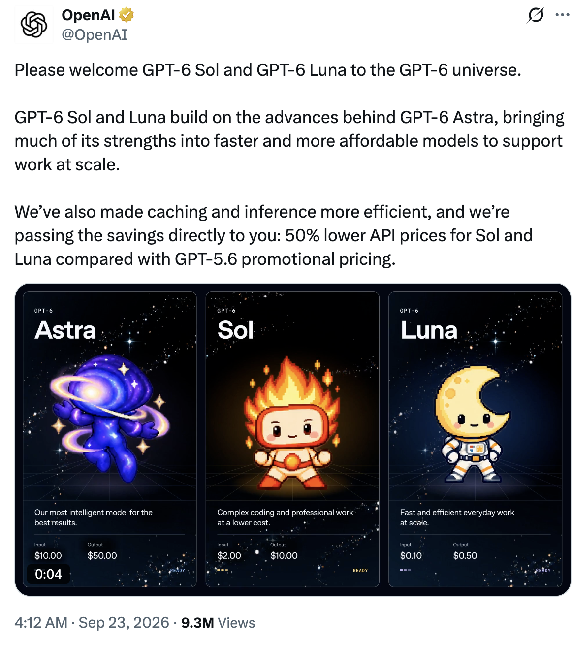 OpenAI's post on X welcoming GPT-6 Sol and GPT-6 Luna, with cards for Astra ($10 in / $50 out), Sol ($2 in / $10 out) and Luna ($0.10 in / $0.50 out).