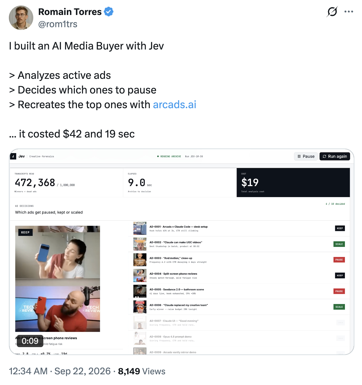 Romain Torres's post on X: "I built an AI Media Buyer with Jev". It analyzes active ads, decides which ones to pause and recreates the top ones, with a dashboard marking each ad keep, scale or pause.