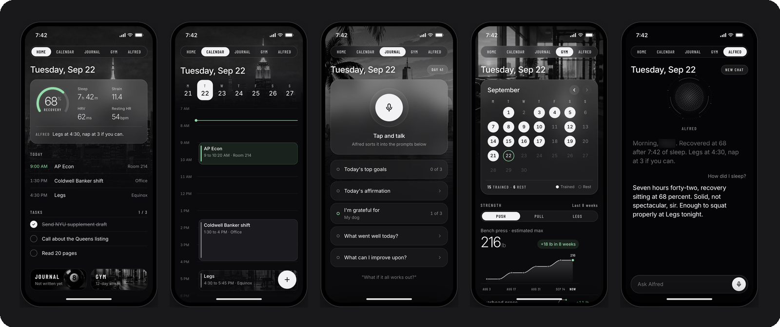 Five phone screens of a dark personal dashboard app: home with recovery and sleep stats, calendar, journal, gym tracking and an AI assistant called Alfred.