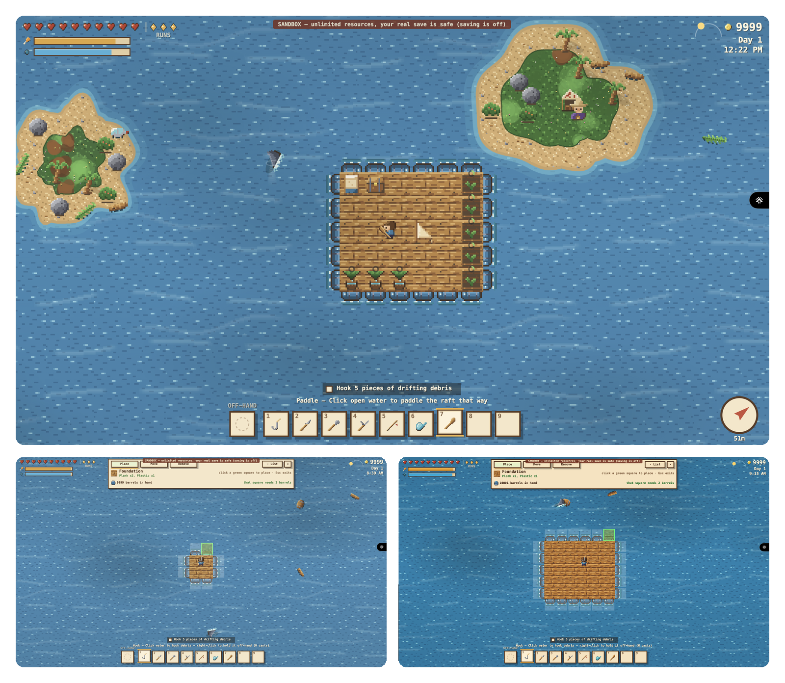 A pixel-art raft survival game: a wooden raft with crops floating between two islands, with a health bar, hotbar and compass.