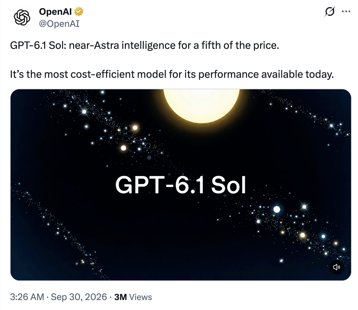 OpenAI's post on X: "GPT-6.1 Sol: near-Astra intelligence for a fifth of the price. It's the most cost-efficient model for its performance available today."